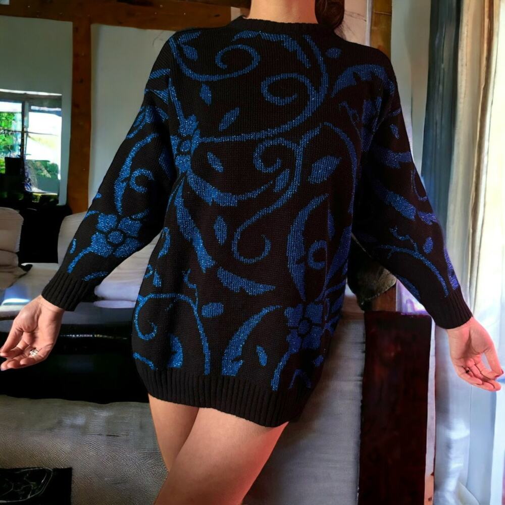 Vintage 1980’s Christmas Sweater | XL Ugly Christmas Sweater | Black Blue Silver